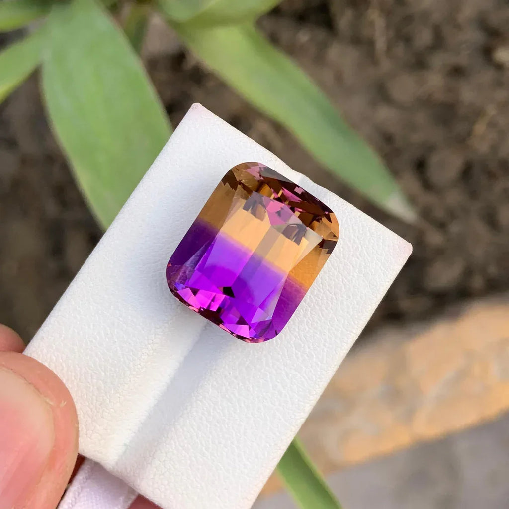 ametrine gemstone held on a white card with a blurred natural background