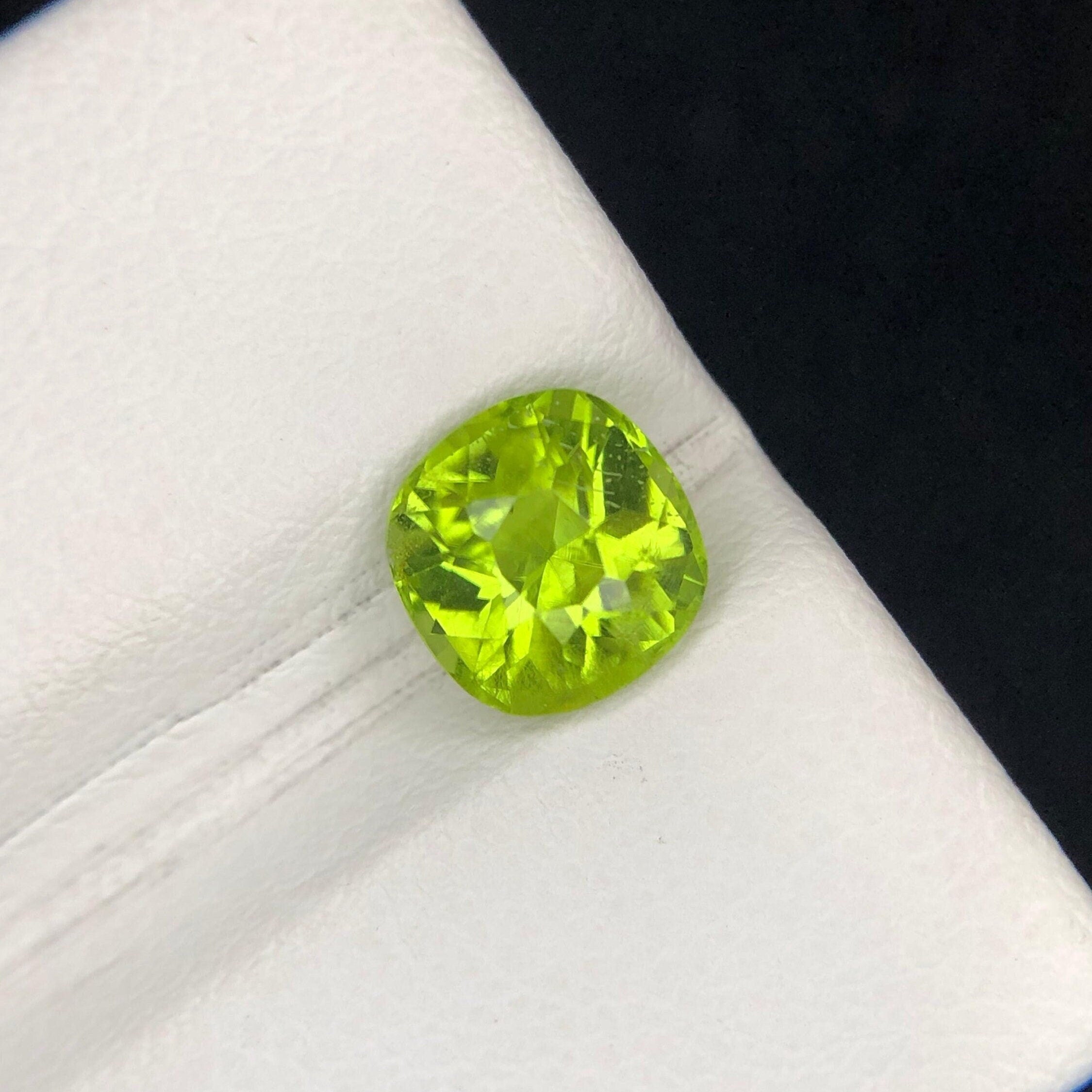 Natural Peridot Stone: 1.90 ct Faceted Cushion Cut Gemstone