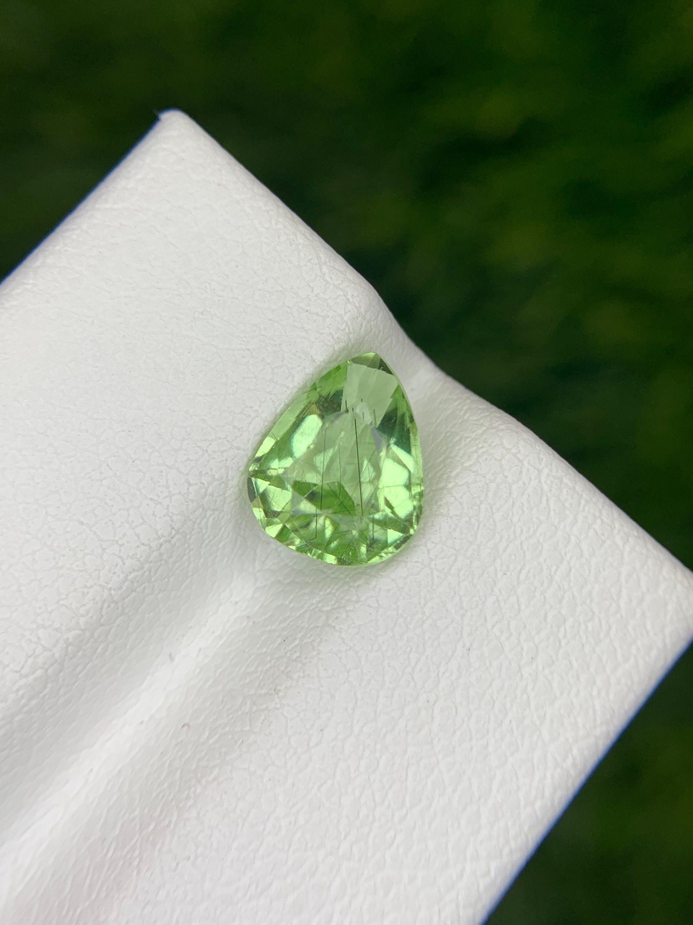 Light Green Pear Peridot Gemstone: Natural Rutile August Birthstone, 1.85 Carat