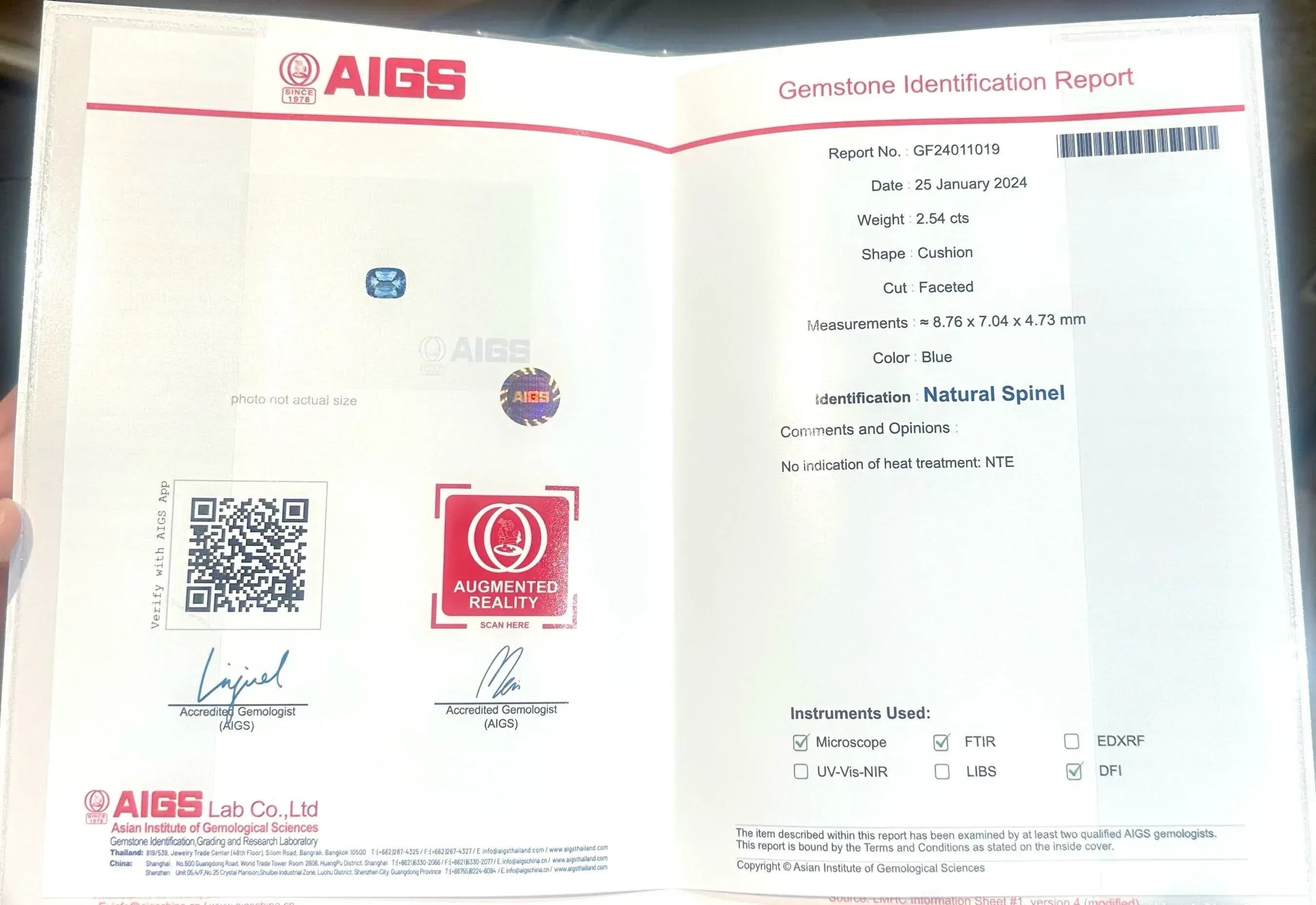 2.54 Carat Cushion Cut Spinel Gemstone: Natural Tanzania Origin, AIGS Certified - Splendor Gems