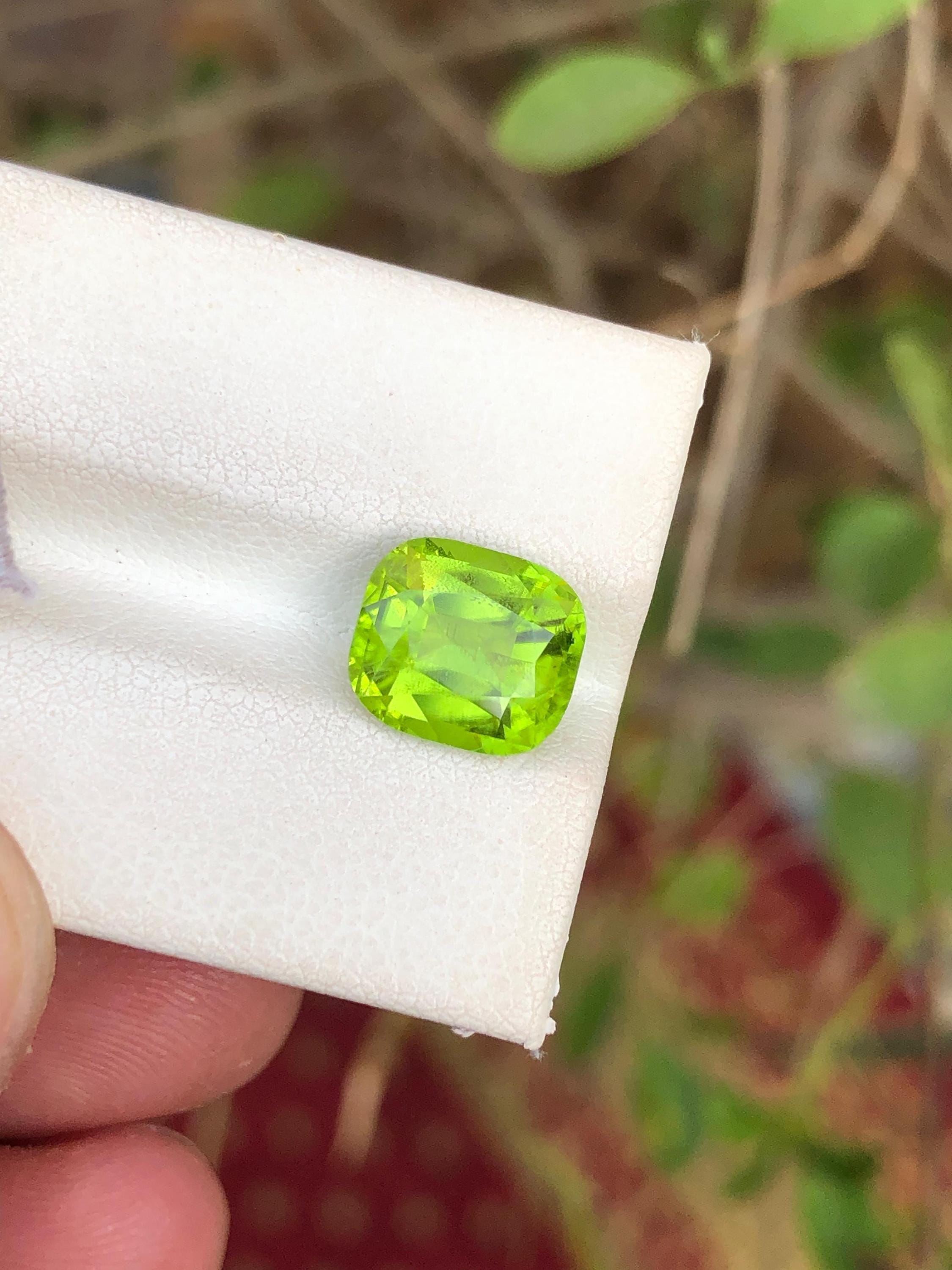 Slime Green Peridot Stone: 3.35 ct Cushion Cut Gemstone From Pakistan