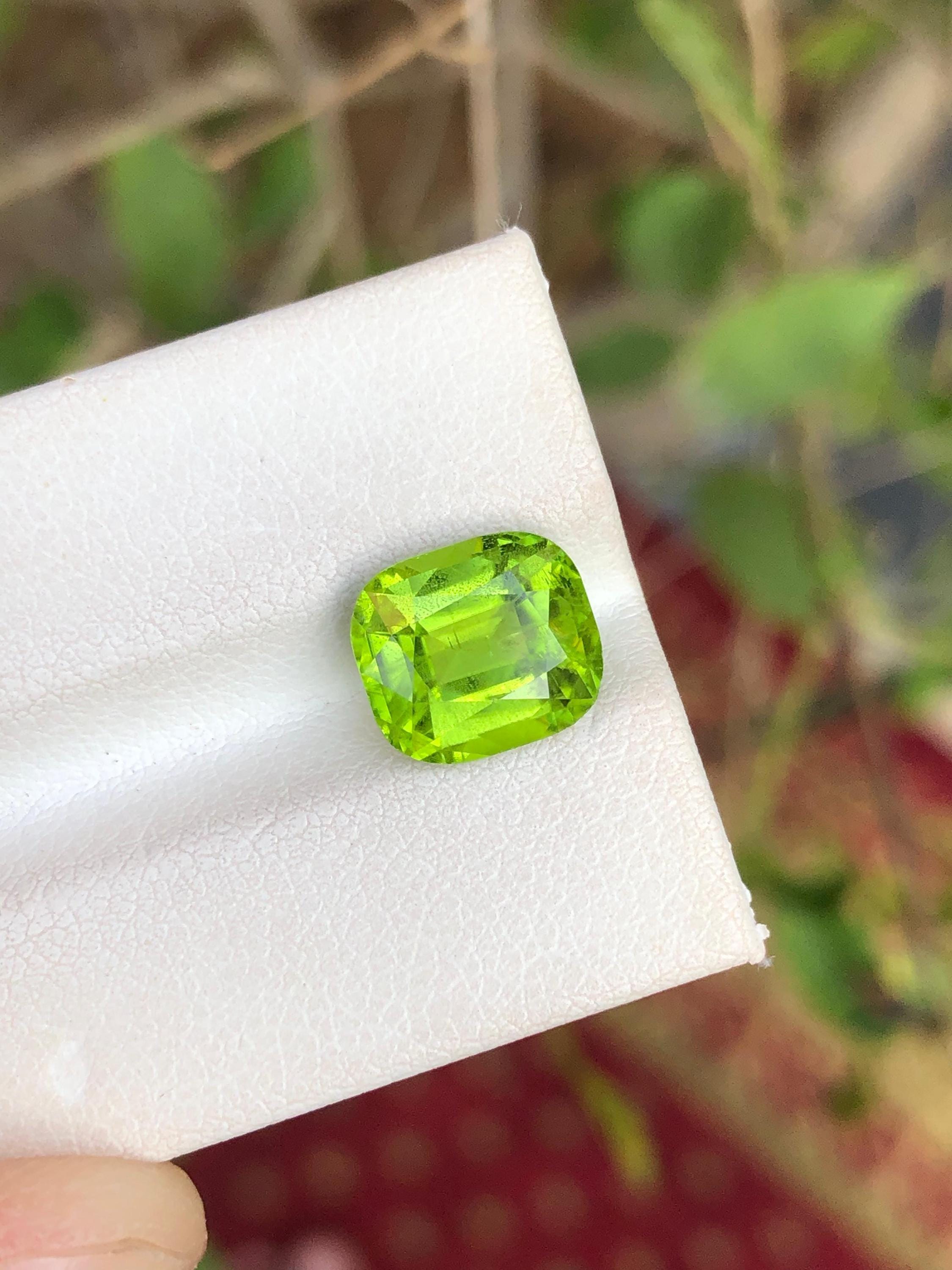 Slime Green Peridot Stone: 3.35 ct Cushion Cut Gemstone From Pakistan