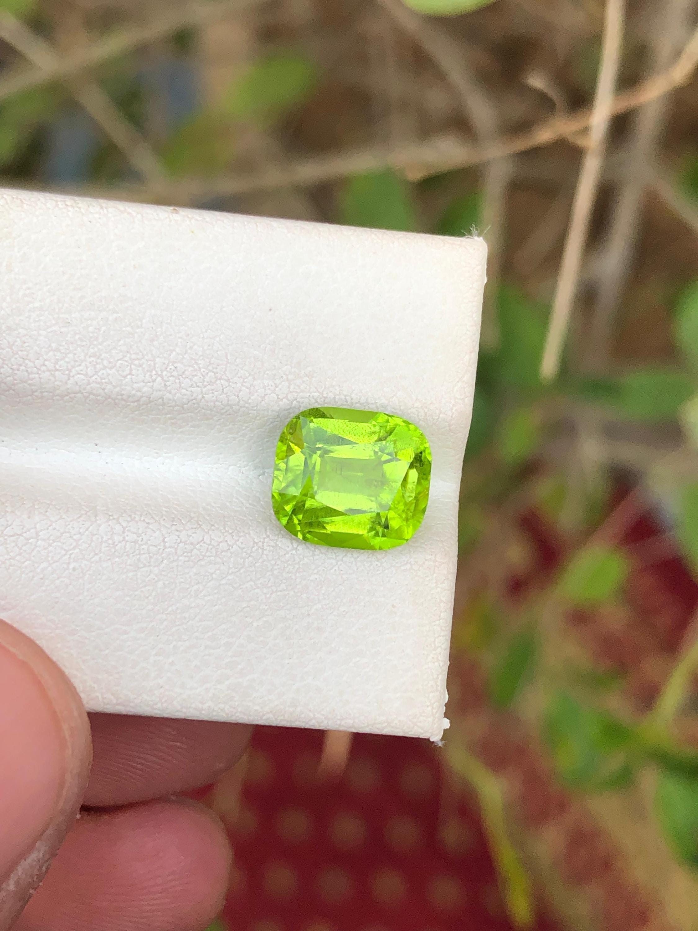 Slime Green Peridot Stone: 3.35 ct Cushion Cut Gemstone From Pakistan