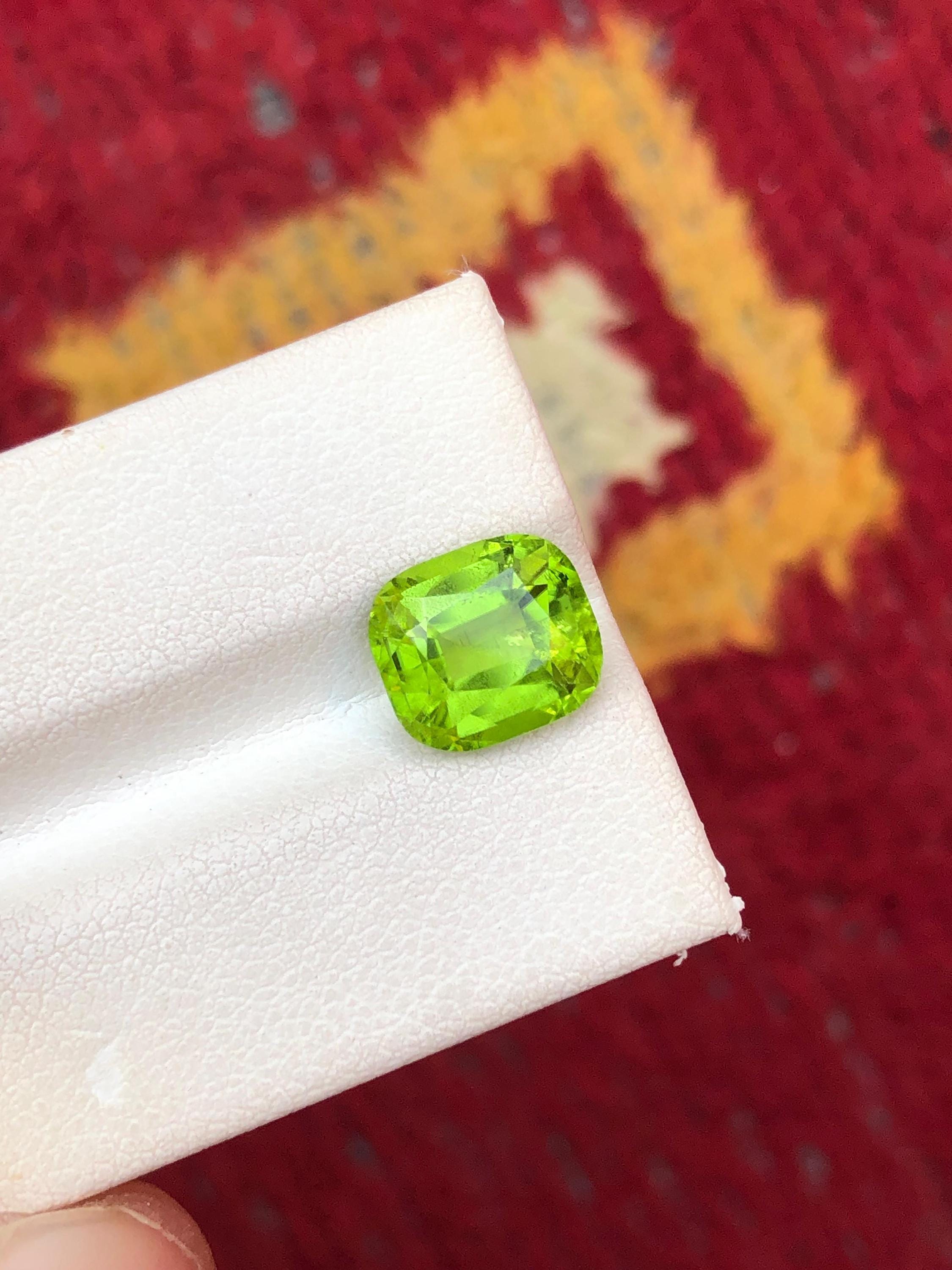 Slime Green Peridot Stone: 3.35 ct Cushion Cut Gemstone From Pakistan