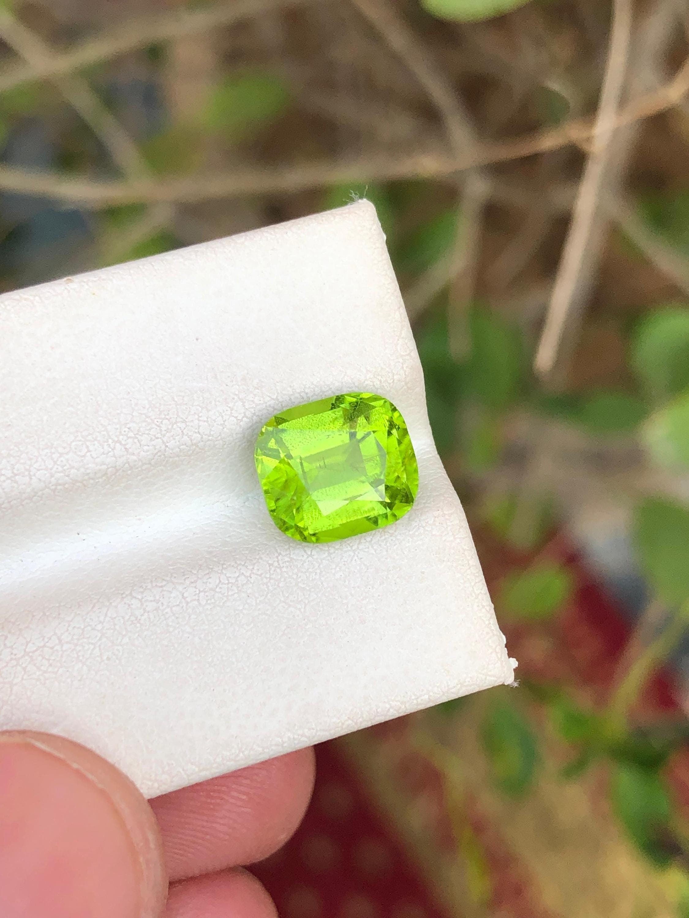 Slime Green Peridot Stone: 3.35 ct Cushion Cut Gemstone From Pakistan