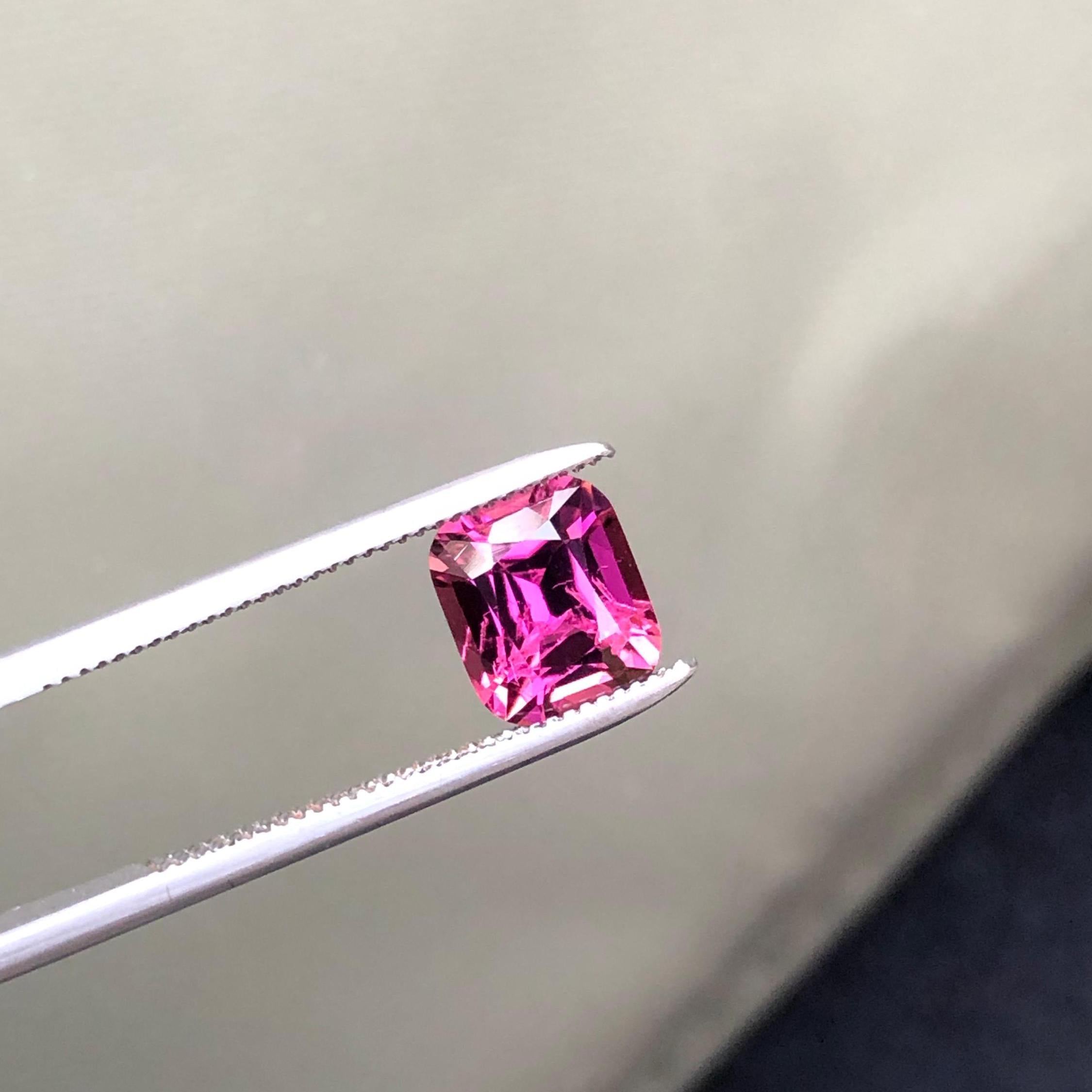 Neon Pink Tourmaline: 1.25 CT Faceted Cushion Cut Gemstone