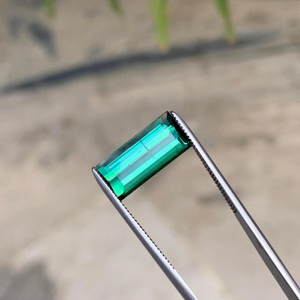 Faceted Bluish Green Tourmaline: 3.55 ct Baguette Cut Gemstone - Splendor Gems