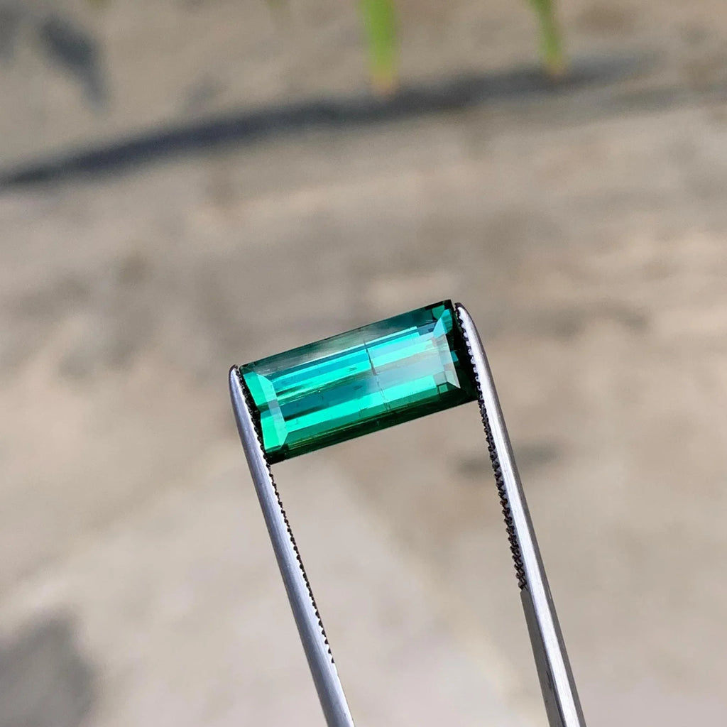 Faceted Bluish Green Tourmaline: 3.55 ct Baguette Cut Gemstone - Splendor Gems