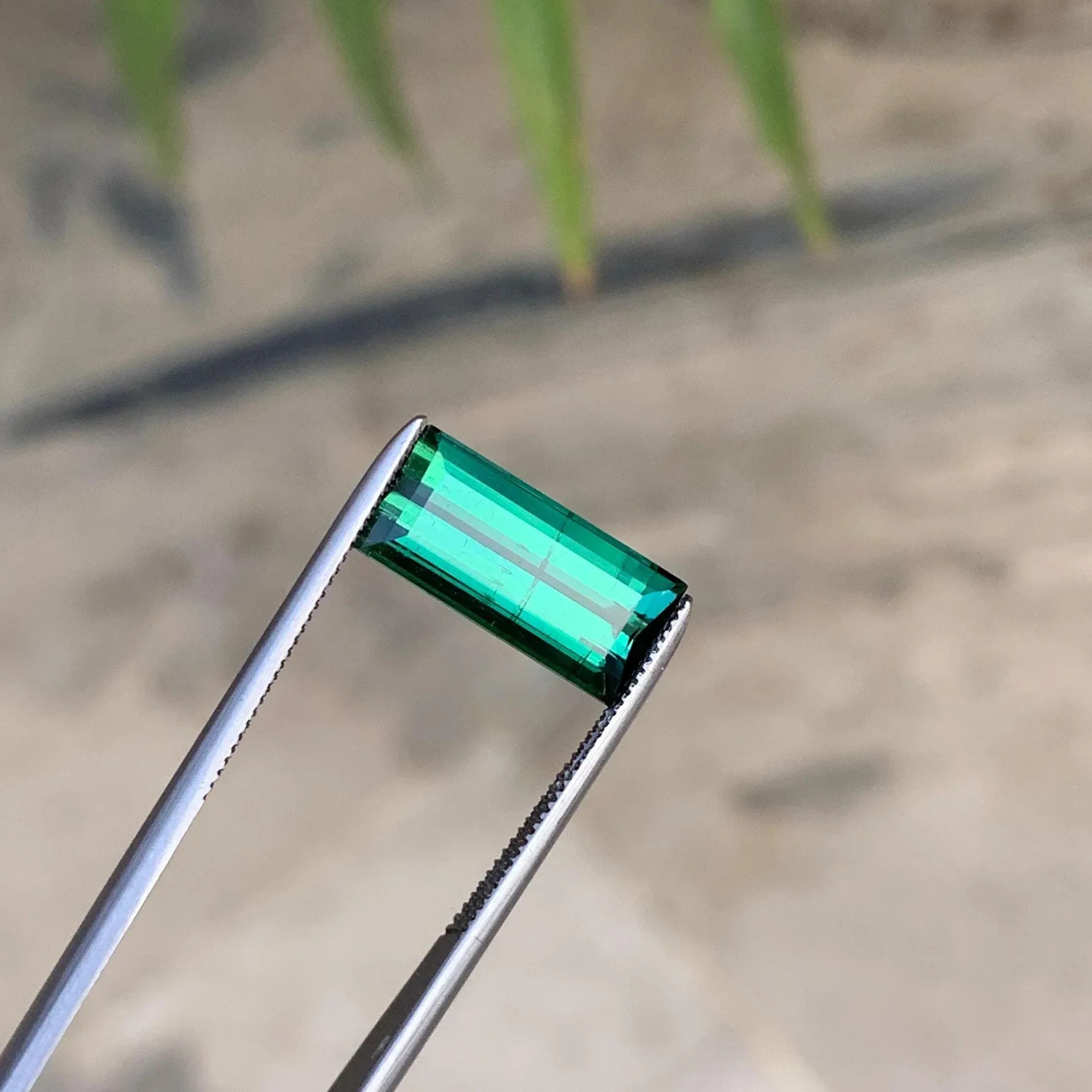 Faceted Bluish Green Tourmaline: 3.55 ct Baguette Cut Gemstone - Splendor Gems