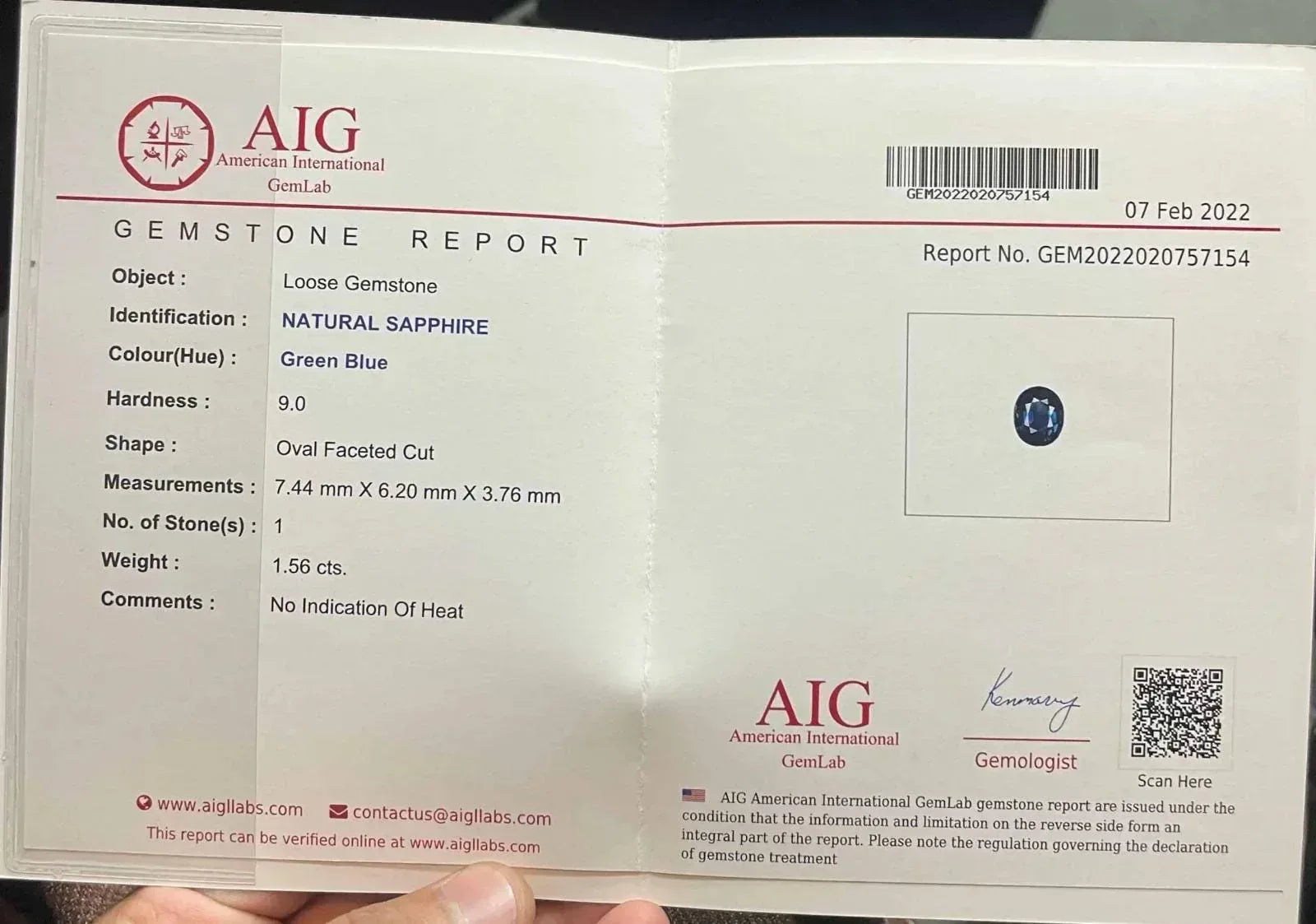 AIG Certified Teal Sapphire Gemstone: 1.56 CT Oval, Untreated - Splendor Gems