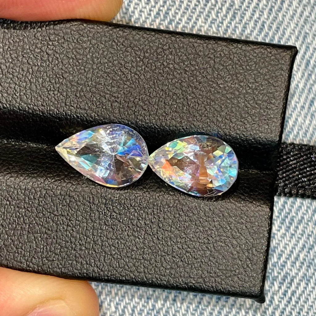5.47 Carat Faceted Pear Rainbow Moonstone Pair: VVS Sri Lanka Gemstone - Splendor Gems
