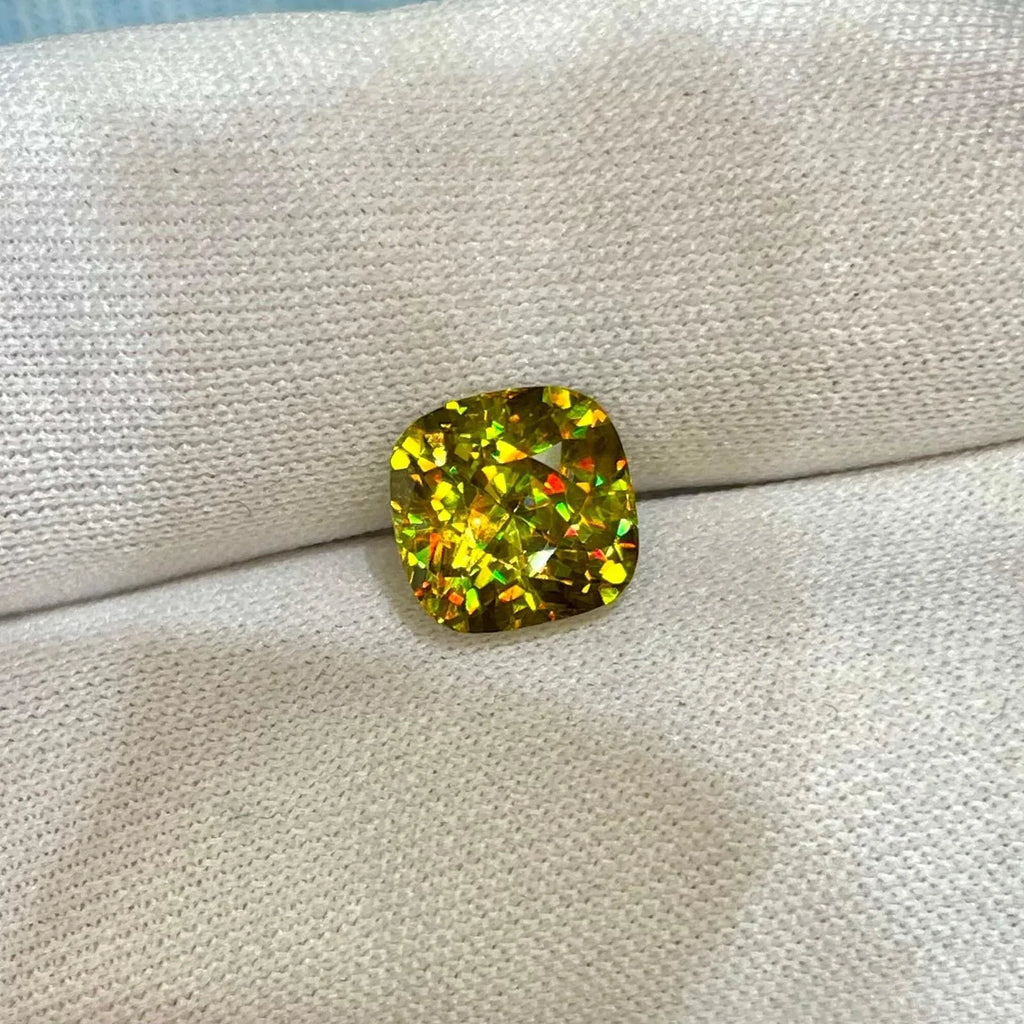 4.45 Carat Cushion Cut Sphene Gemstone: Madagascar Vivid Fire - Splendor Gems