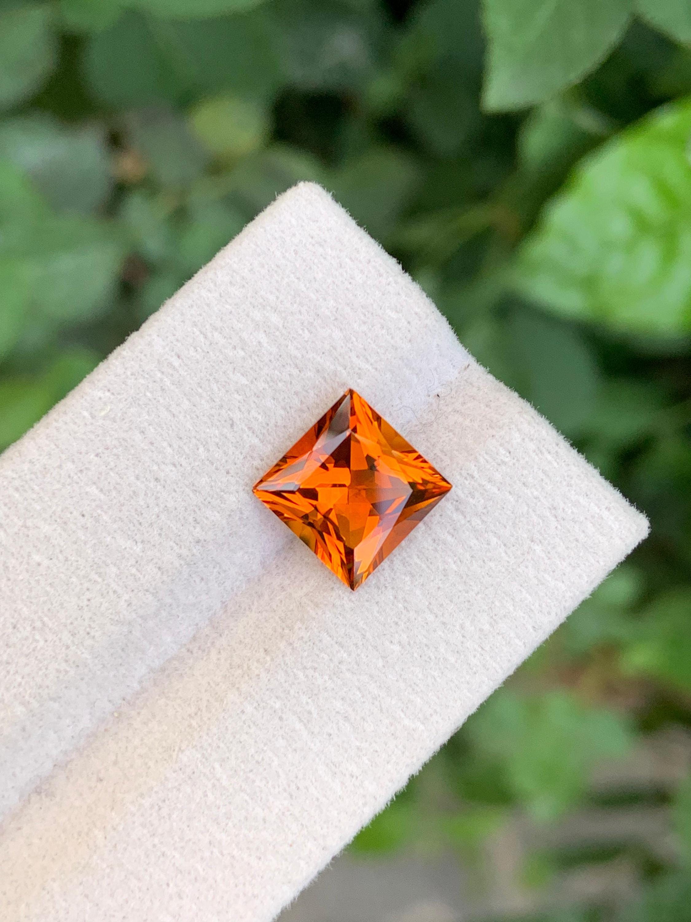 Mandarin Citrine Gemstone: 3.05 Carat Princess Cut, Loupe Clean