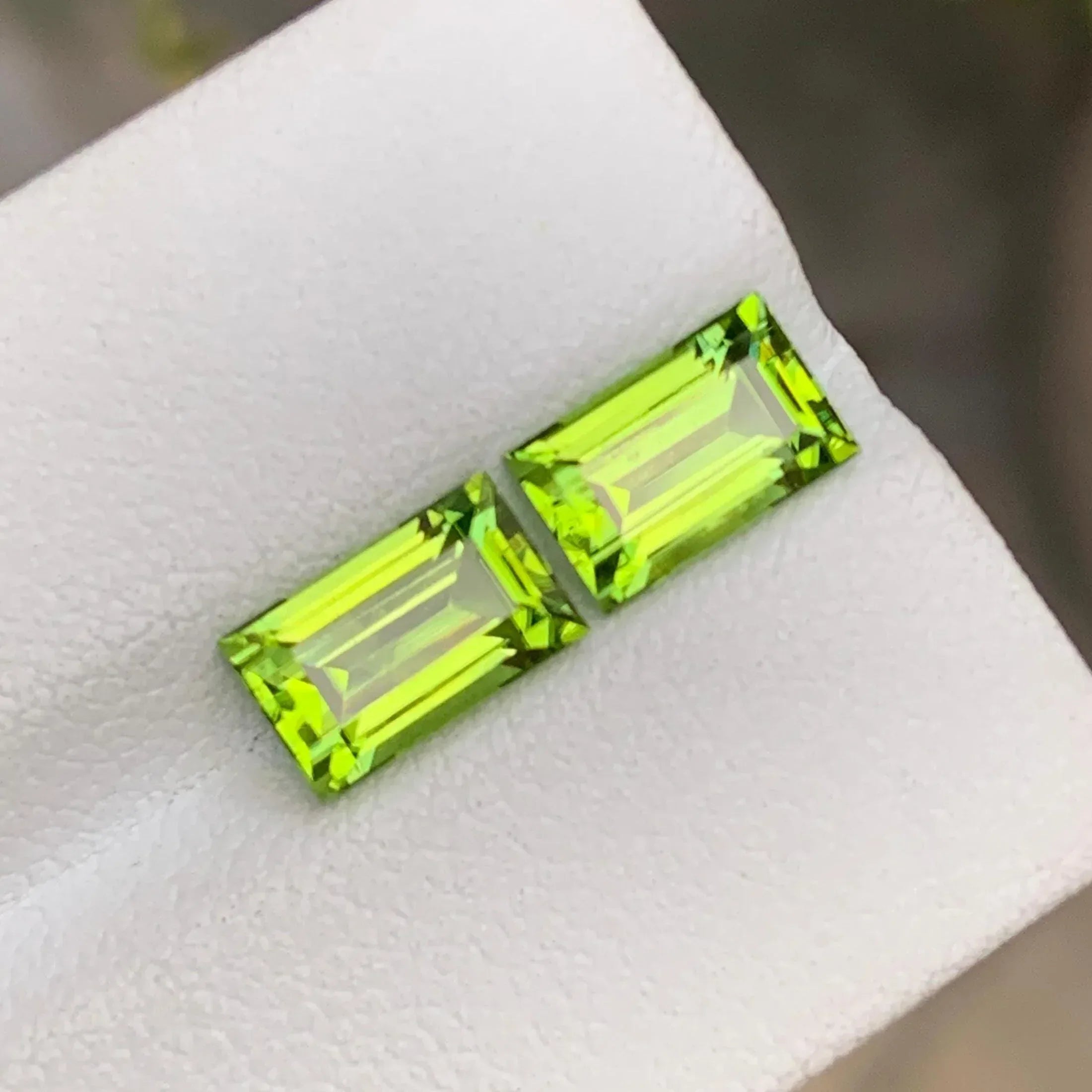 Faceted Baguette Cut Peridot Pair: Pakistan Gemstone, 3.90 CTS - Splendor Gems