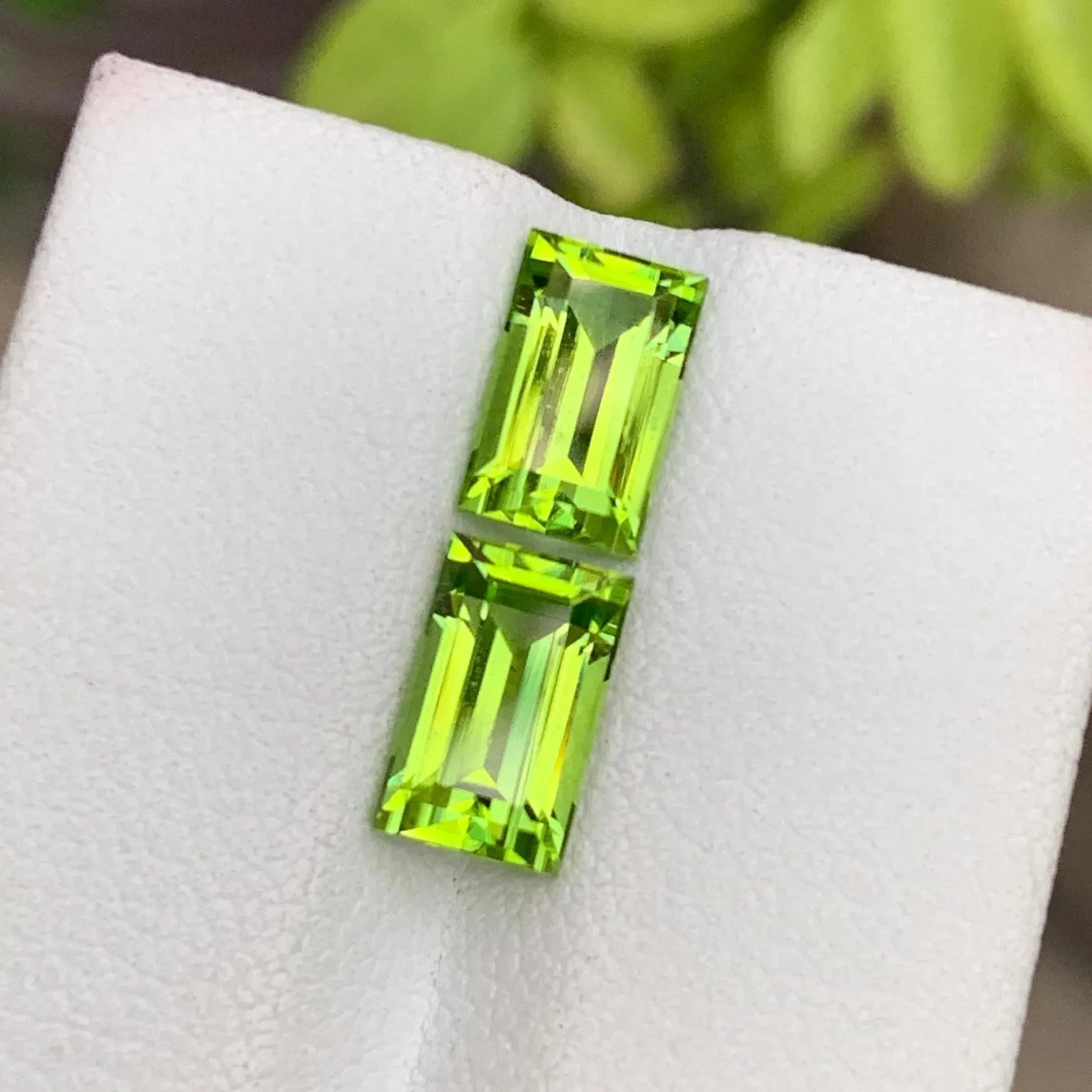 Faceted Baguette Cut Peridot Pair: Pakistan Gemstone, 3.90 CTS - Splendor Gems