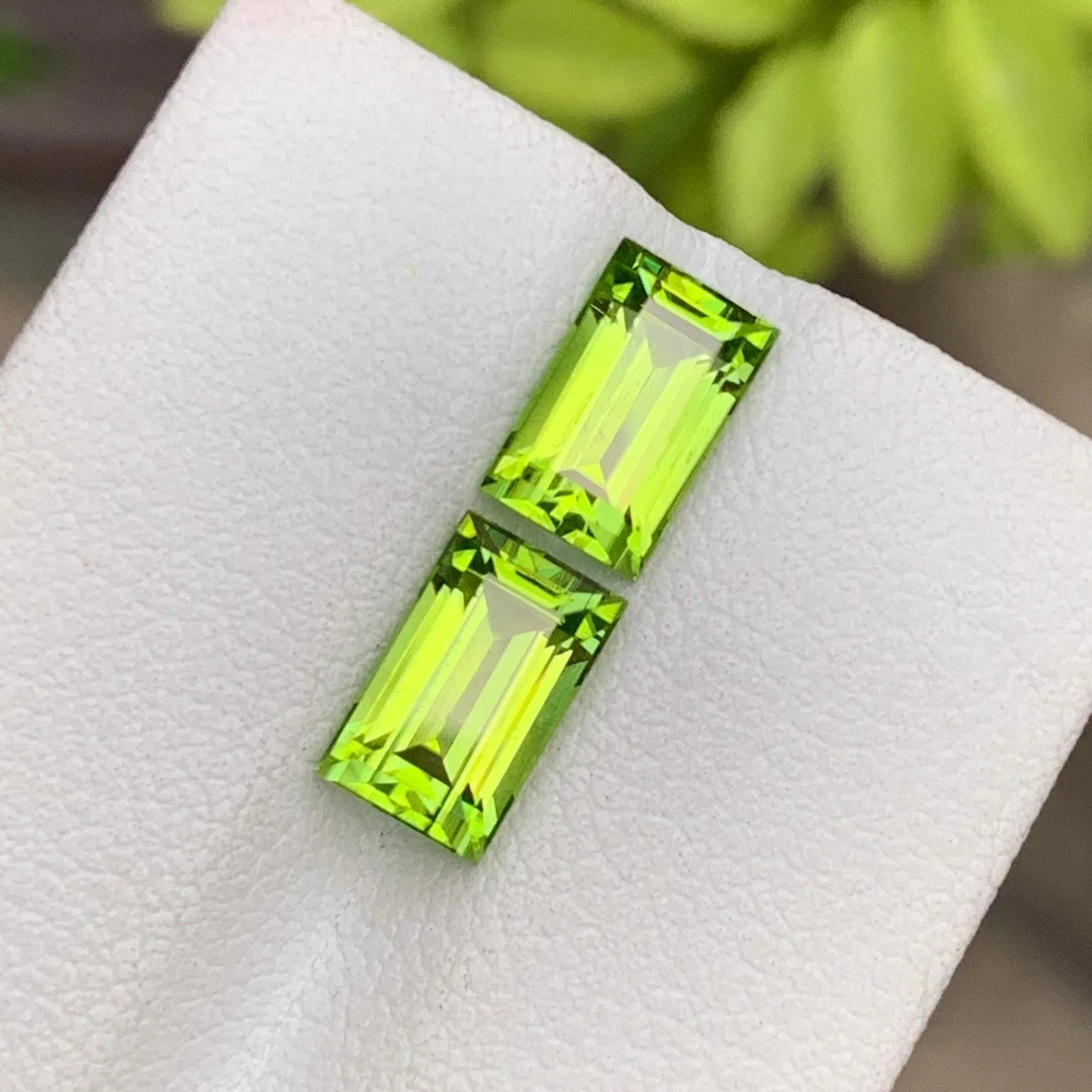 Faceted Baguette Cut Peridot Pair: Pakistan Gemstone, 3.90 CTS - Splendor Gems