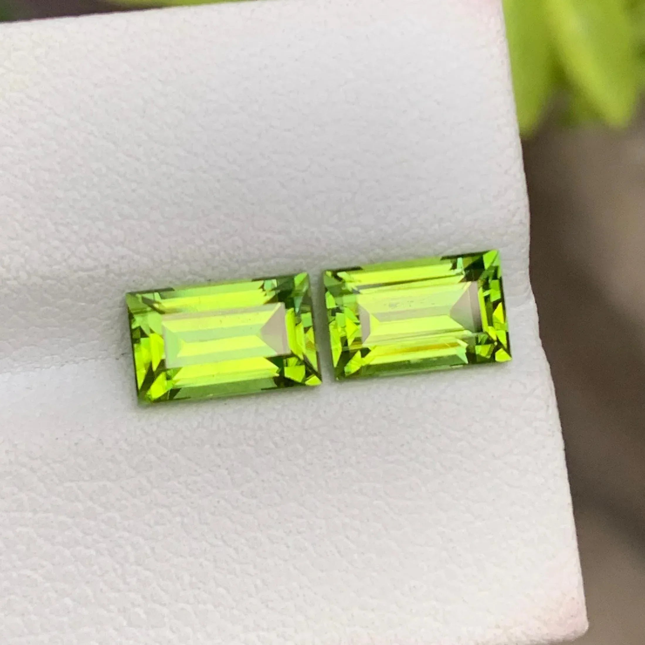 Faceted Baguette Cut Peridot Pair: Pakistan Gemstone, 3.90 CTS - Splendor Gems