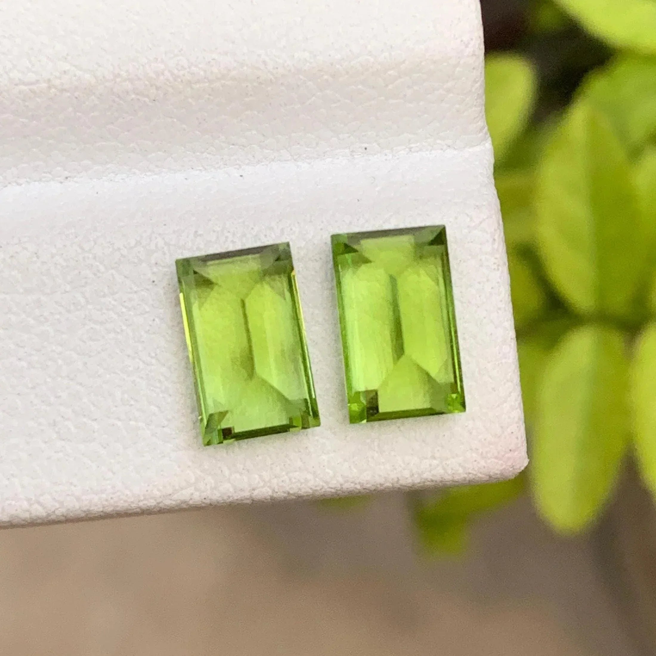 Faceted Baguette Cut Peridot Pair: Pakistan Gemstone, 3.90 CTS - Splendor Gems